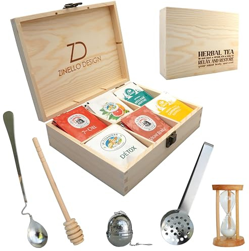 Zinello Design Scatola per la Conservazione di Tè e Tisane in Legno con Accessori | 80 Bustine 6 Scomparti Ermetici | Confezione Regalo con Infusore Cucchiaio e Clessidra 23x17cm
