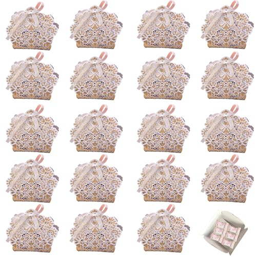 Fayemint-paket med 20 presentaskar för godis med blommönster, godisaskar med blommönster, godisask för bröllop, för födelsedag, bröllop, jubileum, fest (vit)
