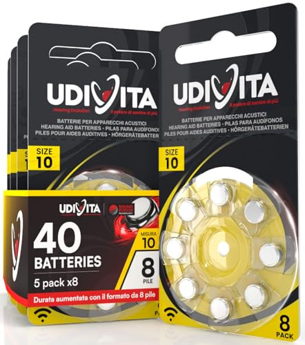 40 Pilas para Audífonos Tamaño 10 Udivita PR70 (Amarillo) Zinc-Aire Hearing Evolution Tecnología Phono Pulse - 5 Blísteres de 8 Pilas