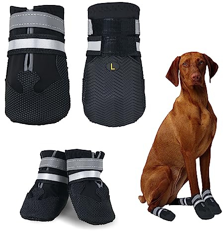 NeuWee Botas para Perros, 4 Piezas Zapatos Impermeables Con Correas Reflectantes Ajustables y Suela Antideslizante, para Pequeños Medianos y Grandes (Negro, L)