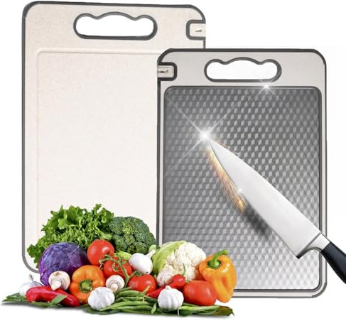 Planche à découper 4 en 1 en acier inoxydable pour la cuisine - Planche à découper double face avec rainure à jus et bord tranchant - Antidérapante et résistante aux rayures - Sans BPA - Passe au