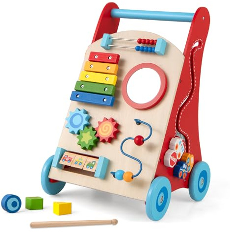 COSTWAY gåstol trä, baby gåvagn med handtag, lagringsutrymme och hjul för att skjuta och dra, Montessori-pedagogisk leksak för att sitta och stå för pojkar och flickor från 1 år