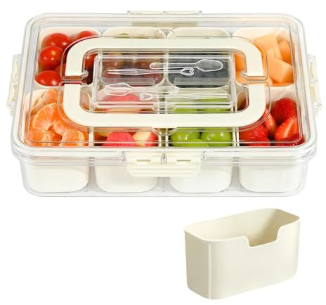 OKYUK Snack Box With 8 Removable Compartments, Clear Container With Lid Handle, Reusable Tray for Parties, Veggie, Candy, Fruit, Nut