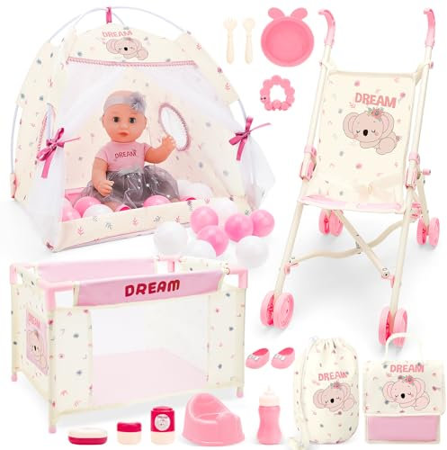 deAO Ensemble 5 en 1 Accessoires Poupée avec Poussette, Lit Bébé, Tente, Sac de Soins et Sac de Rangement, Poupée 36cm, Accessoires de Soins, Cadeau pour Filles 3+ Ans