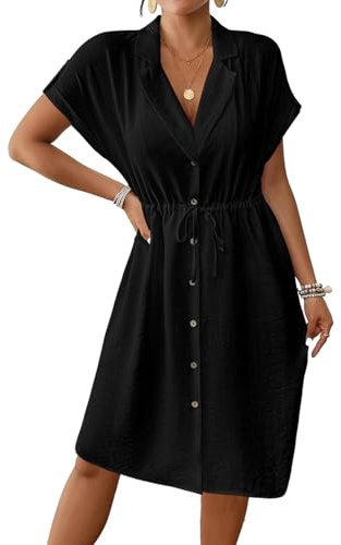 Genfien Robe Chemise Elégant et Décontractée pour Femmes Col en V Manches Courtes avec Poche