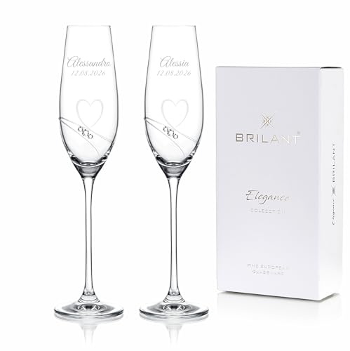 Brilant Essence of Love Coppia di Calici da Champagne Personalizzati - Flute da Champagne e Prosecco Personalizzati in Cristallo con Incisione Nome e Data, Regalo Matrimonio e Anniversario - Set da 2