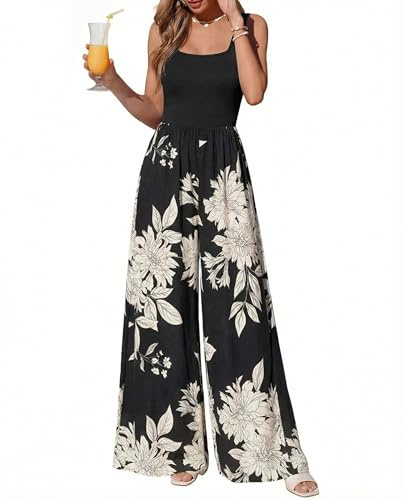 KIRUNDO Jumpsuits for Women Dressy Romper Summer One Piece(B+W Flower, L)