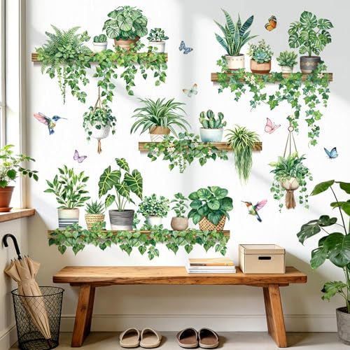 decalmile Adesivi Murali Piante in vaso Primavera Adesivi da Parete Foglie Verdi Piante Tropicali Uccelli Decorazione Murale Soggiorno Camera da Letto Sfondo