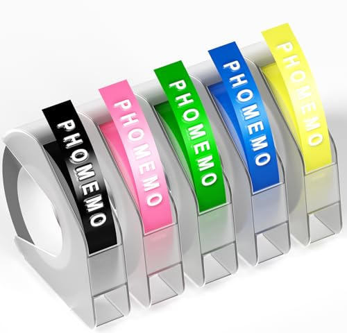 Phomemo Embossing Tape E975, 9mm x 3m, Plastic 3D Self-Adhesive Waterproof Label Tape Replacement for Dymo Omega, Vixic, Goknu, Memoking E975 Embossed Label Maker, 5 Pack(Black/Blue/Pink/Green/Yellow)