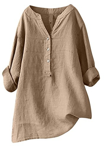 Chemise en Lin Femme,Chemiser Coton Lin Chemisiers et Blouses Chic et Élégante Col en V Bouton T-Shirts à Manches 3/4 Tunique Couleur Unie Été Haut Respirant Grande Taille Tee Shirt D'Été Tops