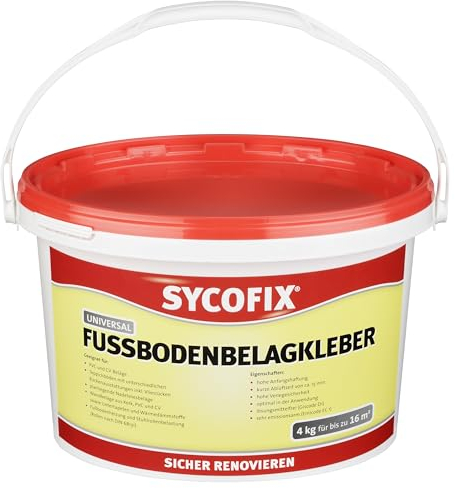 SYCOFIX Universal Fußbodenbelagkleber 4 kg, gebrausfertig lösemittelfrei für PVC und CV Beläge, Teppichböden, sehr emissionsarm EMICODE EC1,geeignet für Fußbodenheizung+Stuhlrollen, Bodenkleber