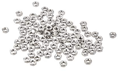 sourcing map Hex Nuts, M2x0.4mm Metric Coarse Thread Hexagon Nut, Carbon Steel, Pack of 100 (Silver Tone)