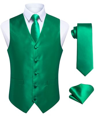 HISDERN Gilet de Costume Homme Vert Fete De Mariage Gilet Cravate Pochette Mouchoir Ensemble Gilets Sans Manche Hommes 4XL