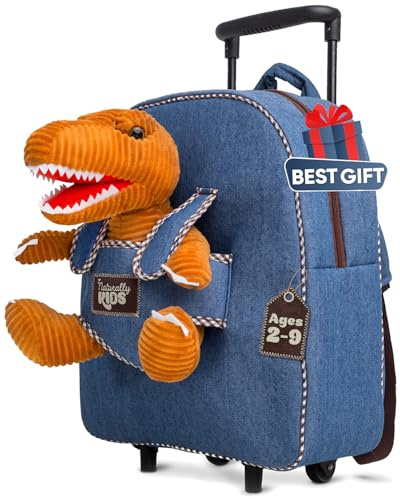Toddler Luggage for Boys w Dinosaur Toys, Kids Rolling Backpack for Boys, Toddler Suitcase, Gifts for 3 4 5 6 Year Old