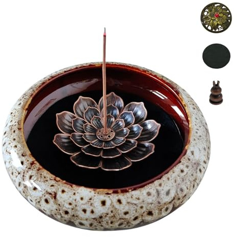 KOPYFANTAP Quemador de Incienso de Cerámica, Soporte para Incienso con Soportes de Loto de Latón y Metálico Tapa para Meditación Yoga Encimeras Decoración del Hogar, Blanco