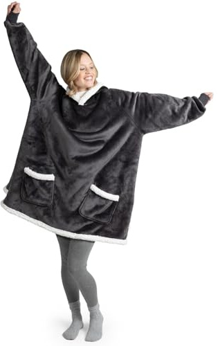 Blumtal Sherpa Hoodie Decke Damen mit Ärmeln und Kapuze - OEKO-TEX zertifizierter Kuschelpullover Damen - Decke zum Anziehen - Decken Hoodie - Kuschelpullover gefüttert - Anthrazit