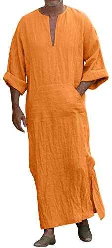 Muslimsk kaftan herr, herr kaftan bomull linne lång enfärgad Jilbab män muslimsk rock med ficka islamiska bönkläder för män, afghanska arabiska kläder kläder