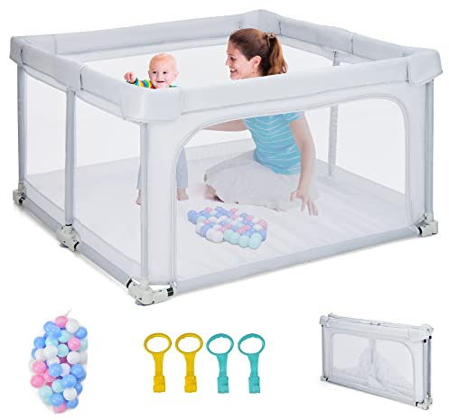 COSTWAY Parque Infantil Bebe Plegable, Parque de Juegos para Bebé, 124x124x70cm, Corralito Bebe con Malla Transpirable y Ventosas Antideslizantes, 50 Bolas, 4 Anillos de Agarre (Gris Ligero)