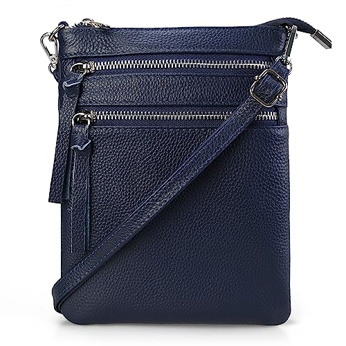 befen Echtleder Umhängetasche Damen Klein, Leicht Schultertasche Damen Leder Handtasche für Frauen mit Reißverschluss Geldbörsenfach, Crossbody Bag mit Verstellbarem Langen Riemen, Marineblau