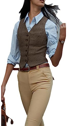 Fjnbbiot Gilet De Costume Femme Marron Col En V Gilets Esthétiques Gilet Élégant Tweed À Chevrons Pour Gilet De Mariage