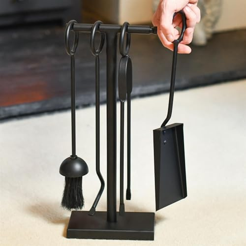 Black Contemporary Loop Handle Four Piece Fireplace Accessories Companion Set - Fireside Tools with Poker, Tongs, Brush - Elegant and Functional Fireside Companion Set for Fire Log Burner