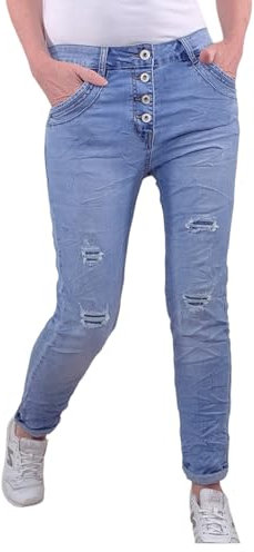 Karostar Damen Stretch Jeans| Boyfriend Hose mit dekorativer Knopfleiste| Destroyed Denim Pants (M, Denim Destroyed)