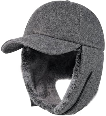 Gisdanchz Mütze mit Ohrenklappen Herren Damen, Winter Cap Basecap Wintermütze Herren mit Ohrenklappen, Schirmmütze Winter Ohrenschützer Fliegermütze Trappermütze, Dunkelgrau Meliert 58CM