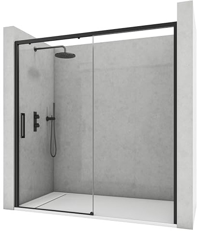 NEBADOON | Mamparas de Ducha - 1 Puerta Corredera + 1 Fijo - Mampara de Ducha Corredera - Perfilería Negra Mate - 154 a 158 cm (Ancho Adaptable 4 cm) x 195 cm (Alto) - Posición Puerta Izquierda