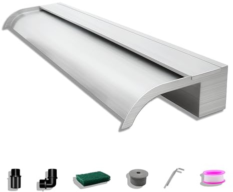 LONGRUNNEW Fontaine De Piscine, Cascade Bassin Exterieur en Acier Inoxydable 90cm De Long, Déversoir De Sortie Incurvé De Largeur 18 cm avec Accessoires pour La Décoration D'étang, Patio,Jardin