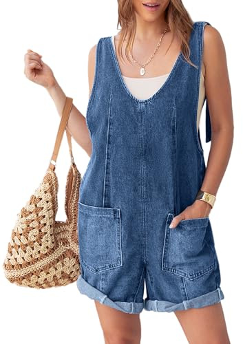 Glamaker Womens Casual Sleeveless V Neck Denim Romper Overall Shorts Summer Jean Romper Denim Outfit With Pocket(Dark Denim Blue M)