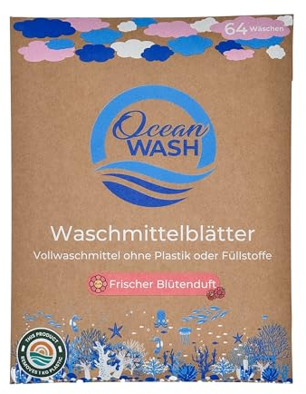 OceanWash Feuilles de lessive parfumées florales, feuilles de lavage pour tous les textiles et couleurs, lingettes biodégradables, Laundry Detergent Sheets Lessive complète, 64 lavages