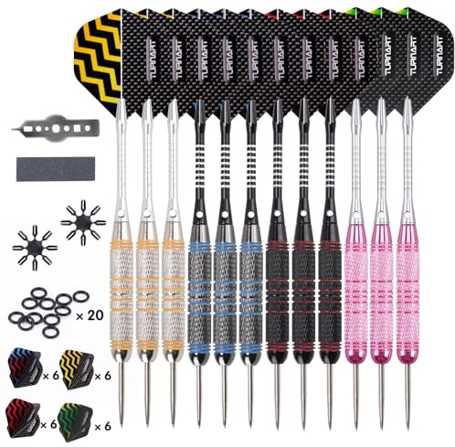 Turnart Fléchette Fléchettes Pointe Acier 12 pcs 24g Fléchettes Professionnelles 24 Ailes 12 Fléchettes avec 20 Anneaux en Caoutchouc Outil à Anneaux en Laiton Fléchettes (Rose)