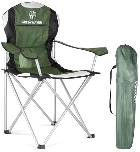 Green Haven Deluxe Padded Camping Chairs - Heavy-Duty Folding Chair Hold up to 120kg, Flat Feet Comfortable Beach & Camping Chairs with Cup Holder and Side Pockets
