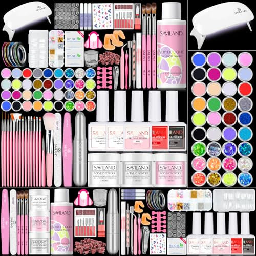 SAVILAND Acryl Nagelset Nagelstudio Set mit Nagelfräser und UV Lampe für Gelnägel , Acrylpulver mit Acryl Liquid für Anfänger Selber Machen Acrylnägel, Nageldesign Nagelset Nail Art Geschenke Frauen