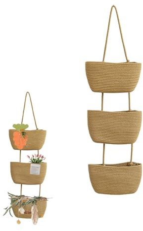 DYUEE 3-Tier Over the Door Hanging Basket Cotton Rope Woven Storage Basket Wall Mount Hanging Storage Organiser Bag with Hook, for Livingroom Kitchen Bedroom Decorative Hanging Basket (Brown)