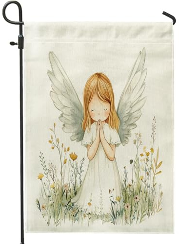 Bandiera da giardino con angelo floreale primaverile, ragazza in preghiera con ali, striscione decorativo per la casa, bandiera da cortile in iuta su entrambi i lati, per decorazione esterna del prato