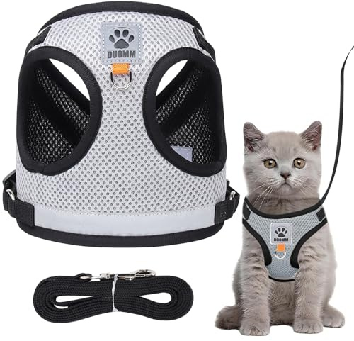 Omnikryp Katzengeschirr, Katzengeschirr mit Leine Ausbruchsicher, Verstellbar Katze Cat Harness, mit Reflektierend Streifen und Atmungsaktiv (Grau, M)