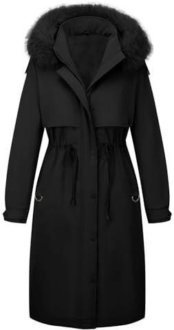 Giolshon Giacca parka lunga da donna Cappotto invernale foderato in pile con cappuccio staccabile in pelliccia sintetica Caldo capospalla invernale D-3108 Nero M
