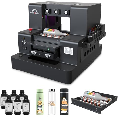 RAINBOWDGT A3 UV Printer XP600 printhead with Bottle Holder, Vacuum Platform & White Ink System,Suitable for Materials Including Cups, Phone Cases, Acrylic, Metal, Leather, Wood, PVC, and More