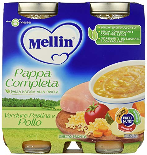 Mellin Baby Cena, Pappa Completa con Verdure, Semolino e Pollo, Alimento per l’Infanzia, Pronta all’Uso, Nutriente e Bilanciata, Ideale per Svezzamento - Confezione da 12x250 gr