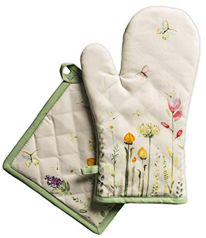 Maison d' Hermine Botanical Fresh Ensemble de Gants de Four de (19cm x 33cm) et maniques de (20cm x 20cm), 100% Coton, pour Barbecue, Cuisson, Four, Micro-Ondes, grillades, Printemps/Été, Pâques
