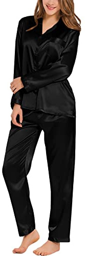 SWOMOG Long Sleeve Pajamas Set Silk Satin Sleepwear Button Down Pjs Loungewear with Pocket Black Medium