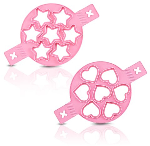 2PCS Pancake Maker Mold, 7 Cavity Star/Heart Shape Nonstick Reusable Silicone Egg Mold Ring with Handle Kitchen Cooking Baking Tools for Muffin Fried Egg Burger