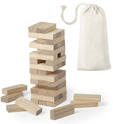 Juego Torre de Madera de Habilidad (tamaño pequeño/Viaje). Incluye 45 Piezas de Madera y Viene presentado en una Resistente Funda de algodón con Cierre de cordón.