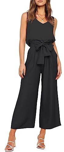 FANCYINN Damen 2 teiliges Crop Pants Set mit weitem Bein Wide Strap V-Ausschnitt Tank High Waist Cropped Paper Bag Hose mit Gürtel Schwarzes Top und Hose mit weitem Bein XL