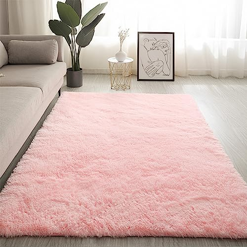 Swsen Tapis Salon Shaggy Longs Super Doux - Tapis Shaggy Moelleux Dessous Antidérapant - Tapis Chambre Moderne Lavable à Poils Longs 140 x 200CM, Rose Bébé