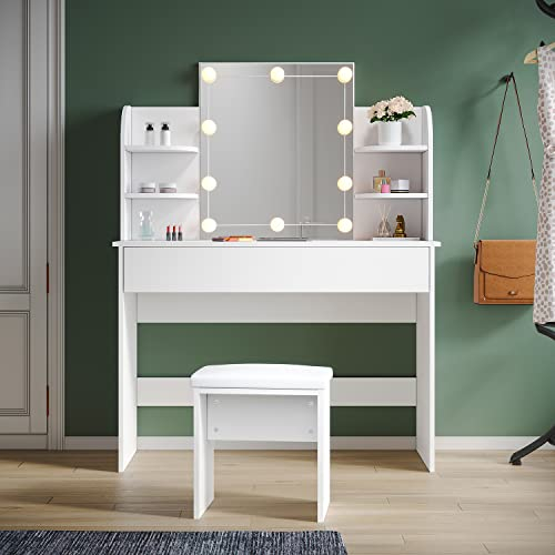 SUNXURY Schminktisch mit Beleuchtung und Hocker Kommode Frisiertisch B108xT40xH140cm modern Weiß Kosmetiktisch Schminktisch mit Spiegel Make Up Tisch