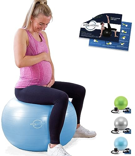 VITALWORXX Gymnastikball für Schwangere, extrem stabil, Sitzball Yogaball Pezziball mit Pumpe, mit Übungen für Schwangerschaft, Geburt, Gesundheit,