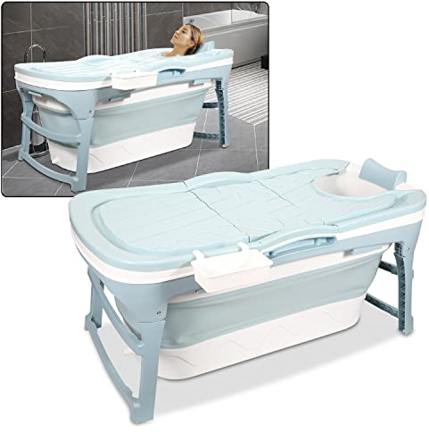 Cecaylie 118x60x50cm Faltbare Badewanne Erwachsene, Tragbare Klappbare mobile Badewanne mit Abdeckung & Seifenkorb, für Badezimmer und Dusche - Blau