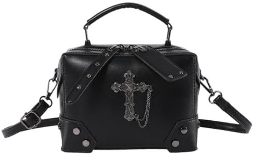 LERONO Sacs pour femme, petit sac à main en cuir synthétique, sac à bandoulière gothique, punk, tête de mort, croix, chaîne avec poignée sur le dessus pour femme, Croix